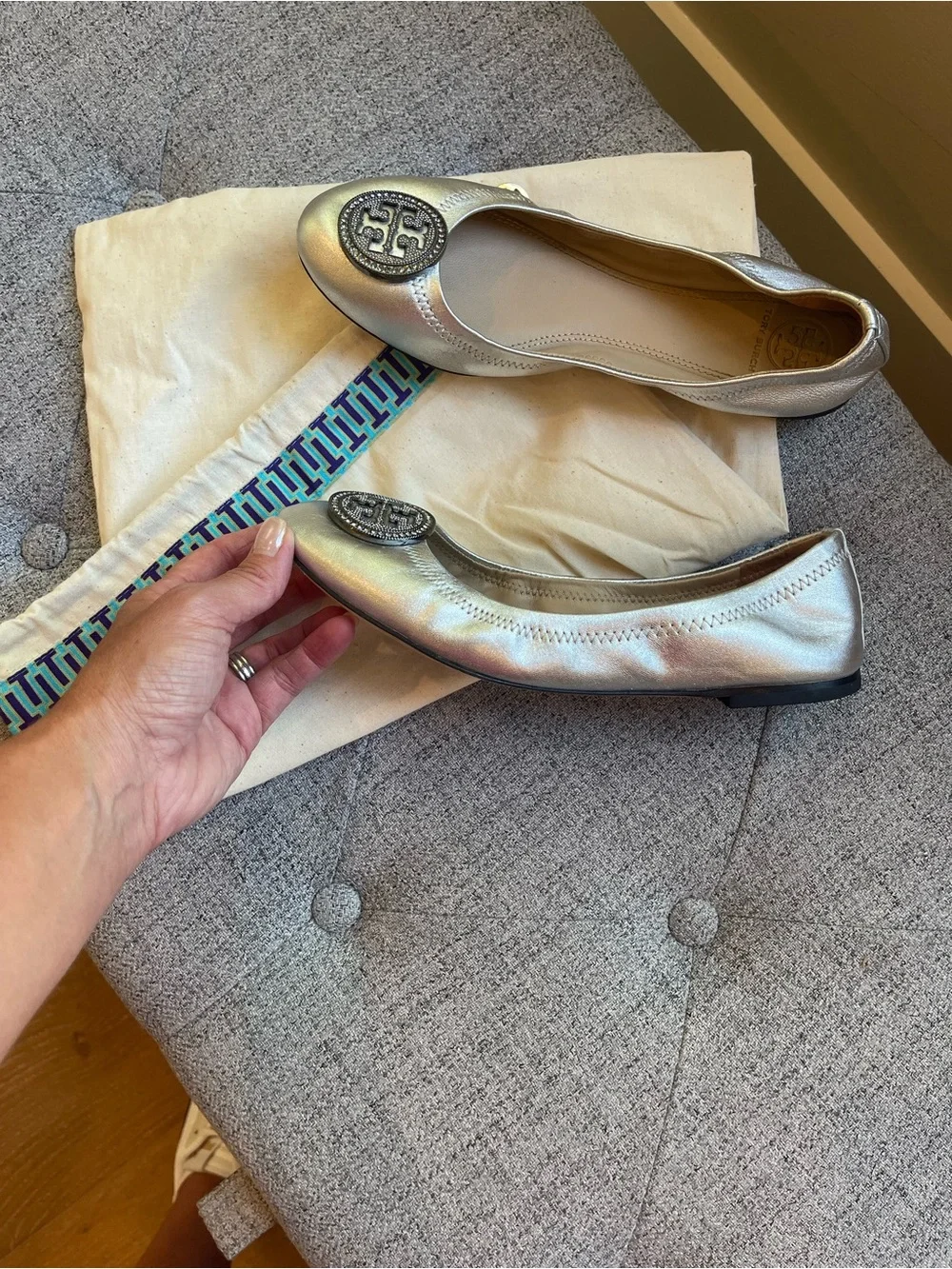 Tory Burch Silver Logo Ballet Flats